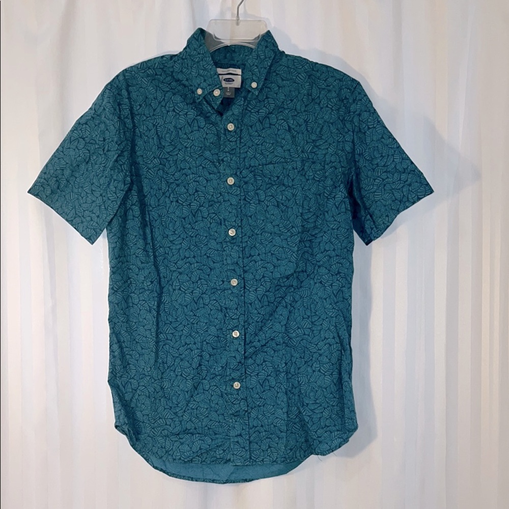 Boy’s Teal Monotone Leaf Pattern Button-Up Short Sleeve Shirt Old Navy